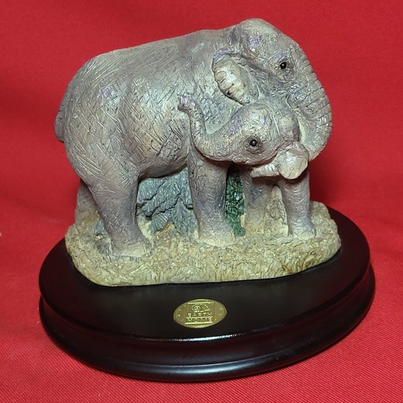 Earth Home Indian Elephant Mother and Calf Figurine on Wood Base - Picture 1 of 14